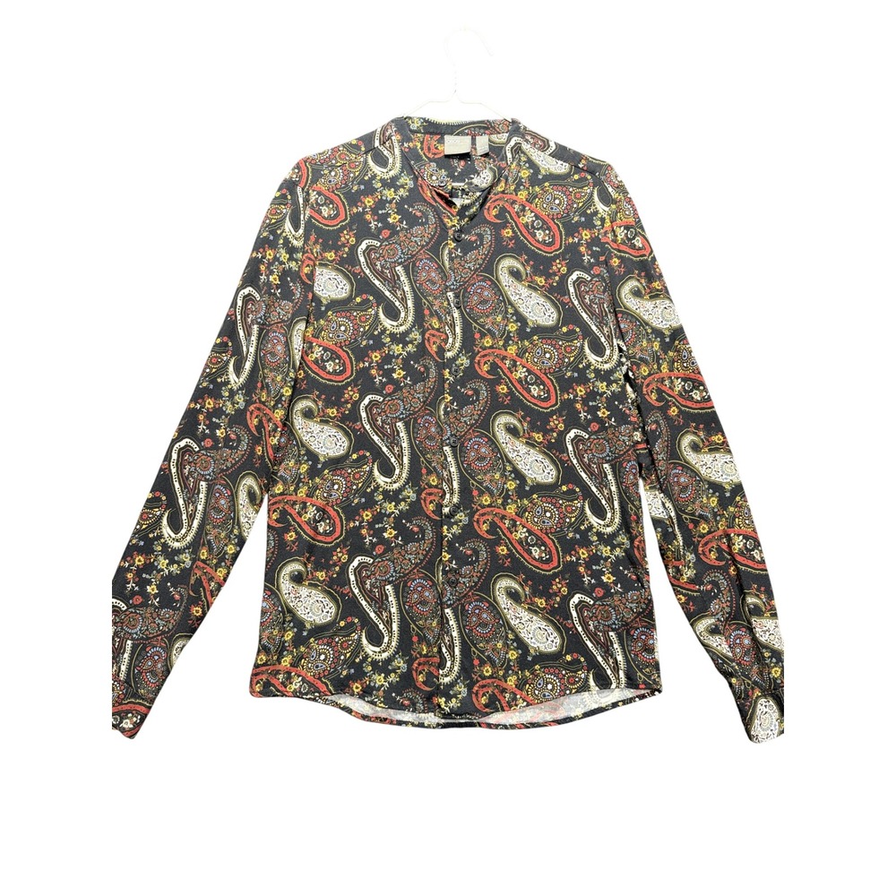 ASOS Button Down Mens Small Black Paisley Grandad Collar Viscose Long Sleeve